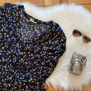 LOFT Navy Floral Faux Wrap 3/4 Sleeve Peplum Top